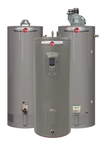 Rheem tank water heater product lineup — natural draft, power vent, gas, electric